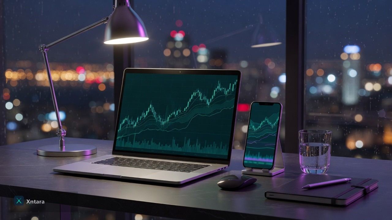 Desk with devices showing Xntara trading interface glow