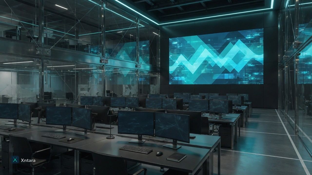 Salle de trading vitrée de nuit